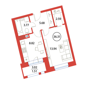 1-комнатная, 36.31 м² — ЖК ЖК Ариосто