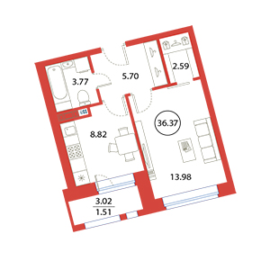 1-комнатная, 36.37 м² — ЖК ЖК Ариосто