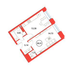 1-комнатная, 38.31 м² — ЖК ЖК Ариосто