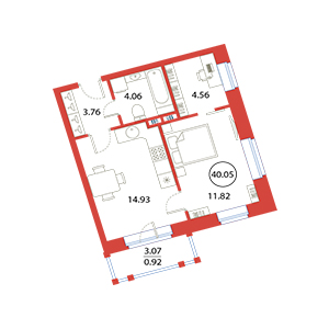 1-комнатная, 40.05 м² — ЖК ЖК Ариосто