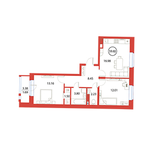 2-комнатная, 59.82 м² — ЖК ЖК Ариосто