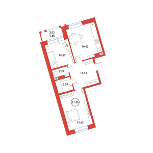 2-комнатная, 61.36 м² — ЖК ЖК Ариосто