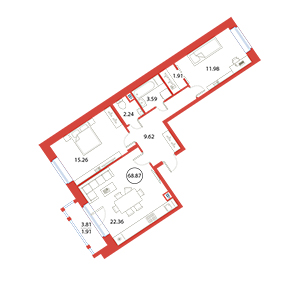 2-комнатная, 68.87 м² — ЖК ЖК Ариосто