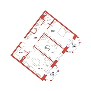 2-комнатная, 76.46 м² — ЖК ЖК Ариосто