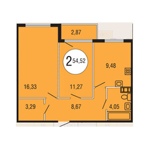 2-комнатная, 54.52 м² — ЖК ЖК Гольфстрим