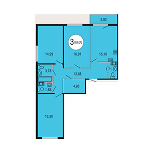 3-комнатная, 89.03 м² — ЖК ЖК Гольфстрим