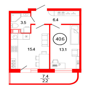 1-комнатная, 43.96 м² — ЖК ЖК ЗемлЯнино
