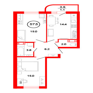 2-комнатная, 68.55 м² — ЖК ЖК Ультра Сити