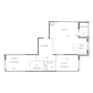 2-комнатная, 86.6 м² — ЖК ЖК Лайф Лесная