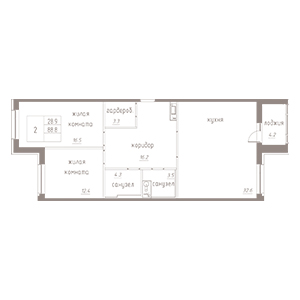 2-комнатная, 90.85 м² — ЖК ЖК Лайф Лесная