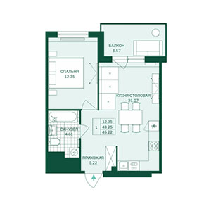 1-комнатная, 45.22 м² — ЖК ЖК Грена Лунд