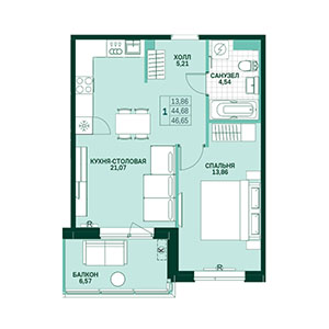 1-комнатная, 46.66 м² — ЖК ЖК Грена Лунд