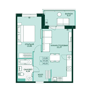 1-комнатная, 46.66 м² — ЖК ЖК Грена Лунд