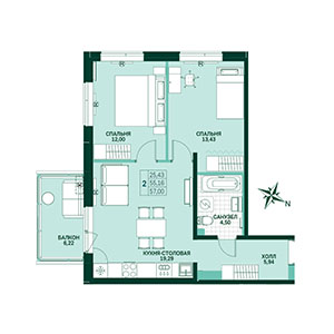 2-комнатная, 57.03 м² — ЖК ЖК Грена Лунд