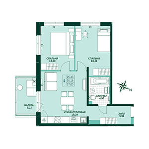 2-комнатная, 57.34 м² — ЖК ЖК Грена Лунд
