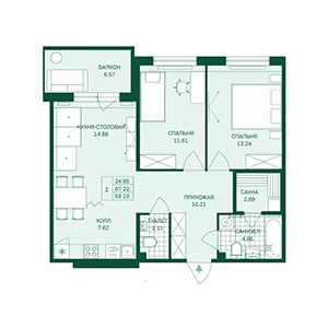 2-комнатная, 69.19 м² — ЖК ЖК Грена Лунд