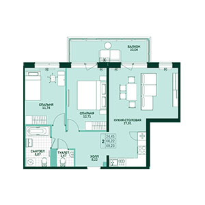 2-комнатная, 69.25 м² — ЖК ЖК Грена Лунд