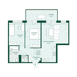 2-комнатная, 69.56 м² — ЖК ЖК Грена Лунд