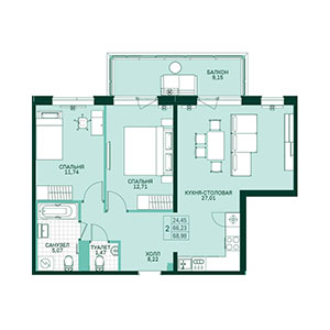 2-комнатная, 69.56 м² — ЖК ЖК Грена Лунд