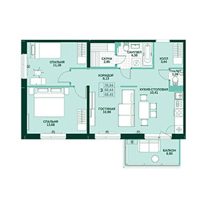 3-комнатная, 68.47 м² — ЖК ЖК Грена Лунд