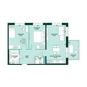 3-комнатная, 69.09 м² — ЖК ЖК Грена Лунд