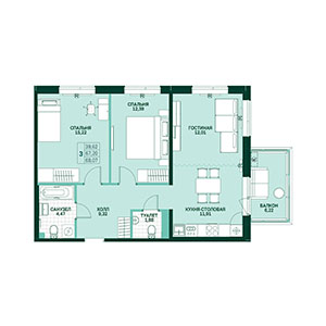3-комнатная, 69.5 м² — ЖК ЖК Грена Лунд