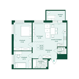 3-комнатная, 75.14 м² — ЖК ЖК Грена Лунд