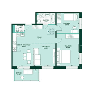 3-комнатная, 76.22 м² — ЖК ЖК Грена Лунд
