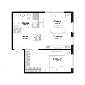 1-комнатная, 47.5 м² — ЖК ЖК Сканди Клаб