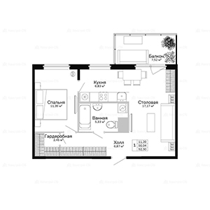 1-комнатная, 52.3 м² — ЖК ЖК Сканди Клаб