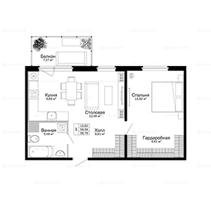 1-комнатная, 58.79 м² — ЖК ЖК Сканди Клаб