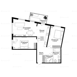 2-комнатная, 93.72 м² — ЖК ЖК Сканди Клаб