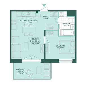 1-комнатная, 46.72 м² — ЖК ЖК Магнифика Резиденс (Magnifika Residence)