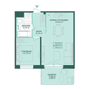 1-комнатная, 49.34 м² — ЖК ЖК Магнифика Резиденс (Magnifika Residence)