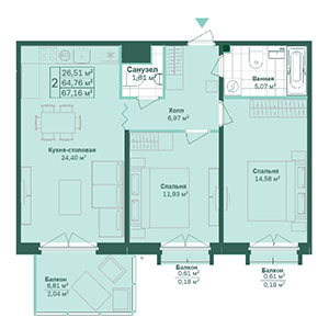 2-комнатная, 67.16 м² — ЖК ЖК Магнифика Резиденс (Magnifika Residence)