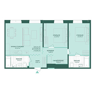 2-комнатная, 74.99 м² — ЖК ЖК Магнифика Резиденс (Magnifika Residence)