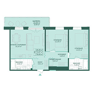 2-комнатная, 78.06 м² — ЖК ЖК Магнифика Резиденс (Magnifika Residence)