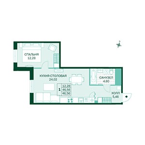 1-комнатная, 46.56 м² — ЖК ЖК Магнифика Лайфстайл