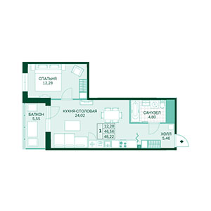 1-комнатная, 48.22 м² — ЖК ЖК Магнифика Лайфстайл