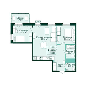 2-комнатная, 66.85 м² — ЖК ЖК Магнифика Лайфстайл