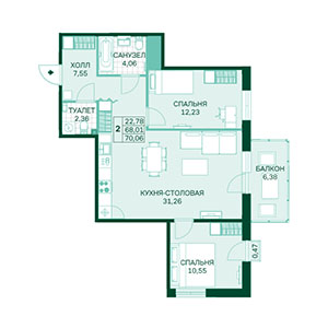 2-комнатная, 70.06 м² — ЖК ЖК Магнифика Лайфстайл