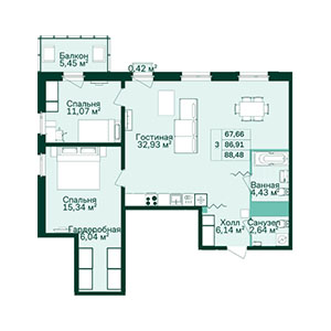 2-комнатная, 88.66 м² — ЖК ЖК Магнифика Лайфстайл