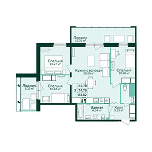 3-комнатная, 83.79 м² — ЖК ЖК Магнифика Лайфстайл