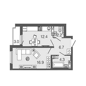 1-комнатная, 42.5 м² — ЖК ЖК Дом на набережной