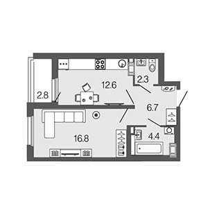 1-комнатная, 42.8 м² — ЖК ЖК Дом на набережной