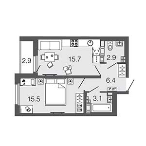 1-комнатная, 43.6 м² — ЖК ЖК ЗемлЯнино