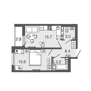 1-комнатная, 43.9 м² — ЖК ЖК Дом на набережной