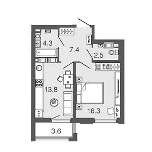 1-комнатная, 44.3 м² — ЖК ЖК ЗемлЯнино
