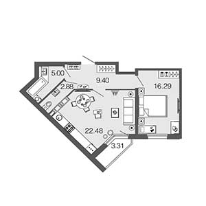1-комнатная, 56.4 м² — ЖК ЖК Дом на набережной