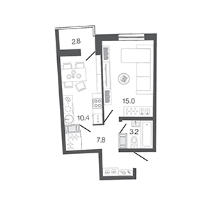 1-комнатная, 36.4 м² — ЖК ЖК Ультра Сити